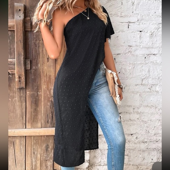 Boho One Shoulder Slit Long Tunic Top Blouse Black - Picture 5 of 6